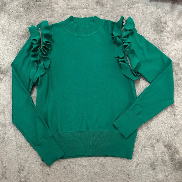 Halogen Green Sweater Ruffle Sleeve Zipper Detail Women's SMALL Mock Neck - Picture 1 of 6